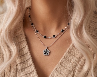 Double Layer Camellia Necklace, Solid 925 Sterling Silver Layering Floral Pendant, Elegant Black Rose Stacked Chain Jewelry, Birthday Gift