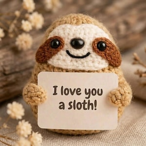 May include: A crocheted sloth figurine in shades of brown, cream, and dark brown, holding a small rectangular sign. The sign reads "I love you a sloth!" in black text. The sloth has a smiling face and is surrounded by small white flowers.