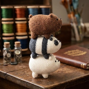 May include: Three stacked crochet bears in brown, black and white. The brown bear is on top, followed by a panda bear, and a white bear at the bottom. The bears are on a wooden surface with spools of thread and jars in the background.