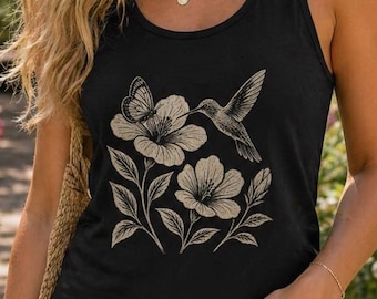 Camiseta sin mangas con estampado botánico de colibrí en linóleo / Ilustración floral de la naturaleza