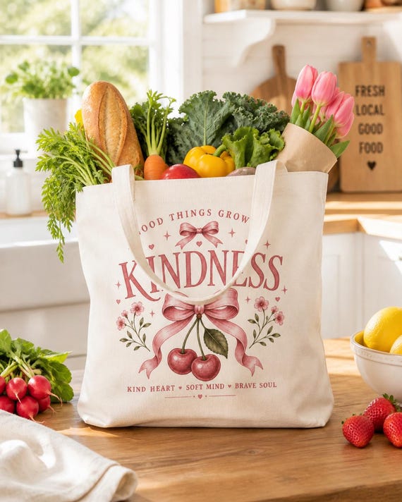 Kindness Tote Bag, Vintage Cherry Bow, Reusable Grocery Bag