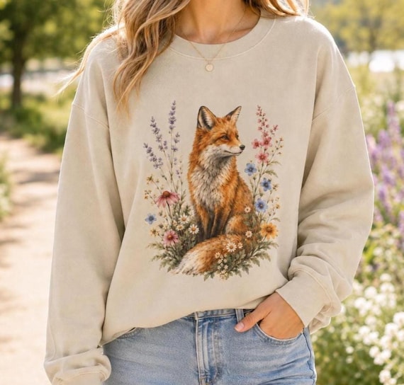 Floral Fox Sweatshirt, Woodland Fox Crewneck, Wildflower Nature Lover Gift for Her