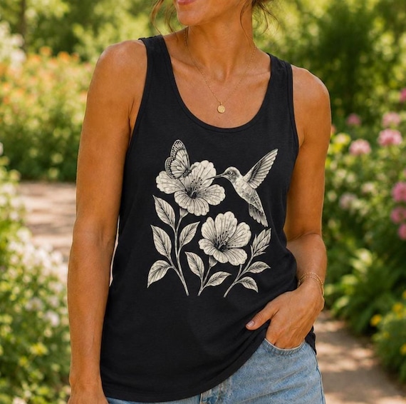 Hummingbird Tank Top, Wildflower Graphic Shirt, Boho Floral Nature Tank