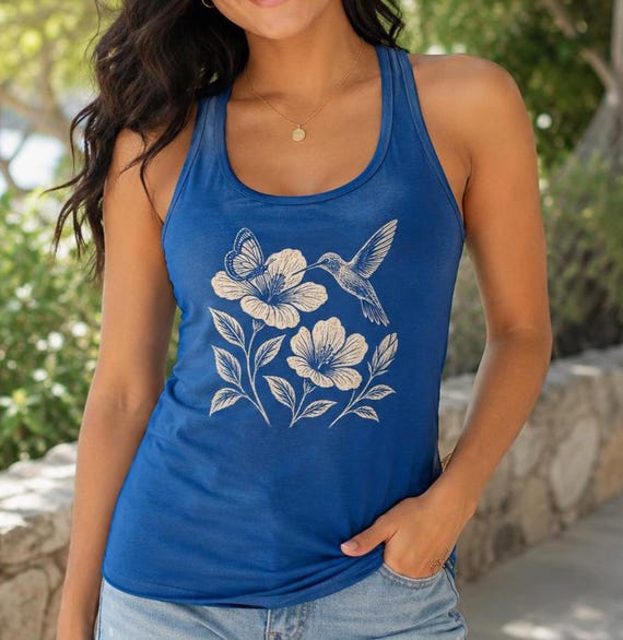 Hummingbird Racerback Tank Top, Wildflower Graphic Shirt, Boho Floral Summer Tank