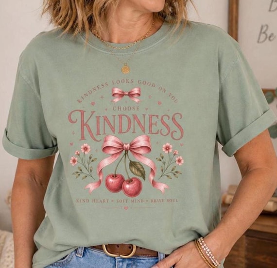 Comfort Colors Shirt Choose Kindness Graphic Tee, Coquette Bow Cherry Tee, Garment Dyed T-Shirt
