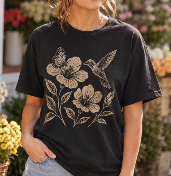 Floral Hummingbird Shirt, Comfort Colors Botanical Nature Lover Graphic Tee