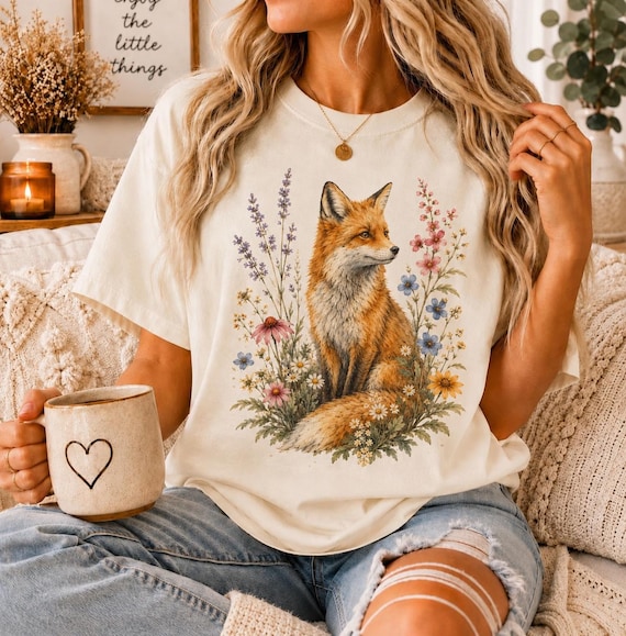 Comfort Colors® Fox Shirt, Woodland Wildflower Tee, Cottagecore Nature Lover Gift