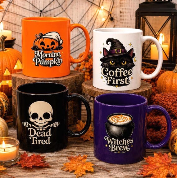 Halloween Themed Coffee Mugs | Pumpkin, Witch, Skeleton, Black Cat Designs