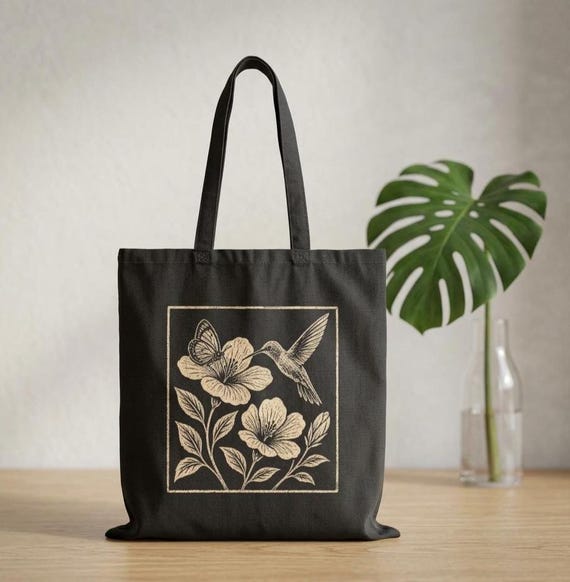 Hummingbird and Flower Illustration Tote Bag | Botanical Bird Canvas Tote