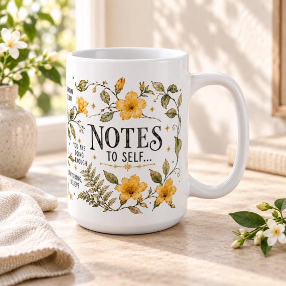 Botanical Affirmation Mug: Notes to Self, Positive Reminders (15 oz)