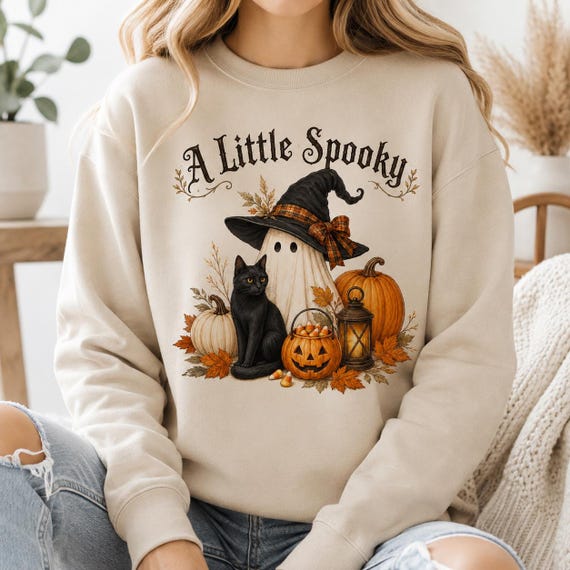 Witchy Spooky Season Sweatshirt, Halloween Shirt, Ghost Black Cat Pumpkin Crewneck,