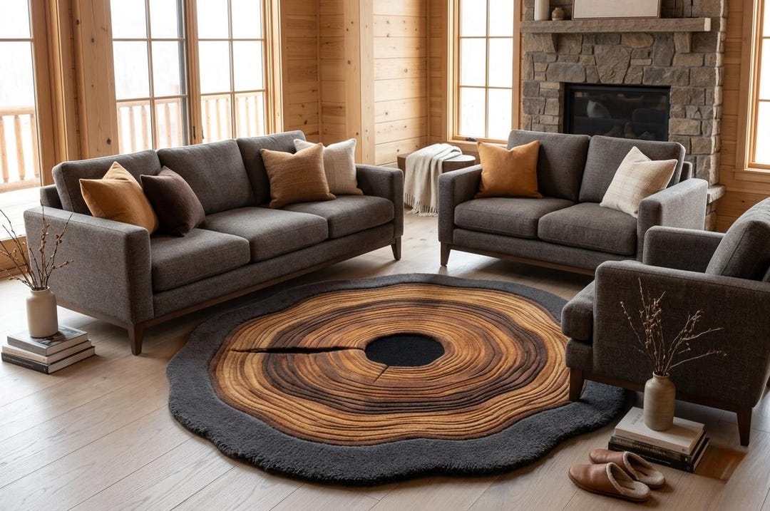 Hand Tufted Wool Rug | Wood Tree Ring Design, Organic Area Carpet - Etsy