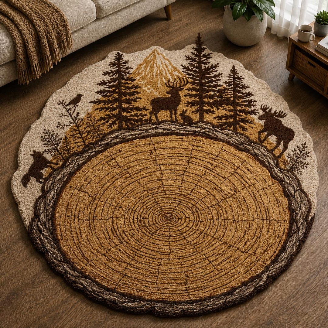 Hand Tufted Woodland Tree Ring Rug, Rustic Deer Forest Cabin Lodge ...