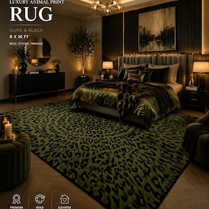Op de afbeelding: Een rechthoekig vloerkleed met een olijfgroen en zwart dierenprintpatroon. De tekst op de afbeelding luidt: LUXURY ANIMAL PRINT RUG, OLIVE & BLACK, 8 X 10 FT, BOLD. STYLISH. TIMELESS. PREMIUM QUALITY, BOLD DESIGN, ELEVATES YOUR SPACE.