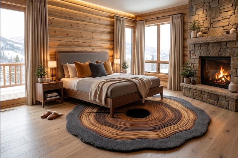 Hand Tufted Wool Rug | Wood Tree Ring Design, Organic Area Carpet - Etsy