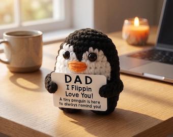 Handmade Crochet Penguin Plush, Emotional Support Penguin Doll with Positive Card, Cute Desk Decor Stress Relief Gift, Father’s Day Gift