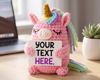 Handmade Crochet Unicorn Desk Decor, Cute Stress Relief Plush, Rainbow Mane Macaron Colors, Inspirational Quote Card Gift