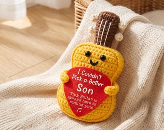 Father’s Day Gift for Dad Crochet Guitar Plush with Card, Handmade Music Lover Stuffed Toy, Cute Desk Decor