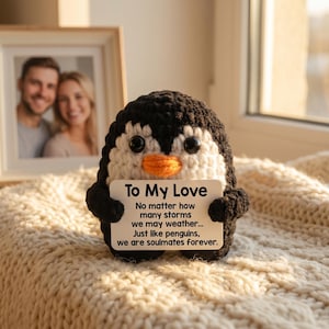 May include: A handcrafted crochet penguin, featuring a black and white body, an orange beak, and large black eyes. The penguin holds a white sign with the words "To My Love" and a romantic message. It rests on a cream-coloured knitted surface.
