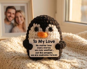 Handmade Crochet Black White Penguin Plush with Custom Message Card, Emotional Support Penguin, Personalized Desk Decor, Graduation Gift