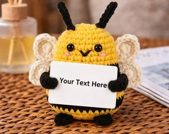 Custom Crochet Bee Figurine with Positive Quote Card, Personalized Desk Decor, Handmade Bee Gift ,Graduation Gift
