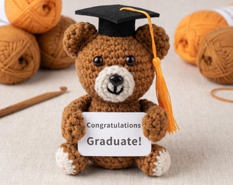 Graduation Teddy Bear Plush, Handmade Crochet Grad Bear with Cap, Kindergarten High School College Graduation Keepsake, Graduation Gift