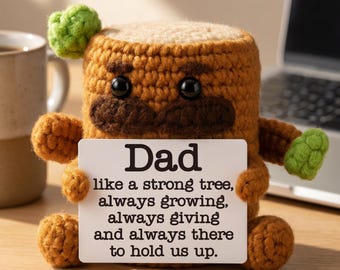 Father’s Day Crochet Tree Stump Plush with Positive Card, Handmade Desk Decor, Encouragement Gift for Dad, Cute Amigurumi Figure