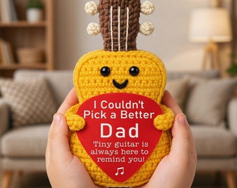 Handmade Crochet Guitar Plush with Encouragement Card, Father’s Day Gift for Dad, Cute Desk Decor, Music Lover Stuffed Toy