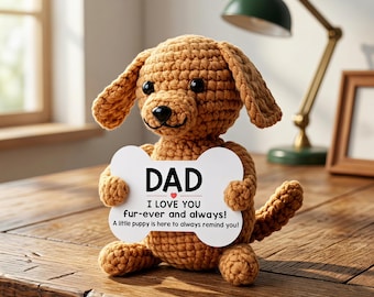 Handmade Crochet Dad Puppy, Positive Puppy Gift, Father’s Day Desk Decor, Mini Amigurumi Dog Plush, Car Dashboard Buddy, Gift for Dad