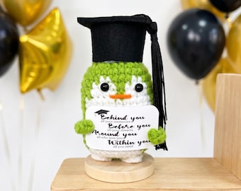 Graduation Crochet Figurine, Positive Penguin Avocado Duck Cucumber Decor, Handmade Desk Gift, Grad Cap Motivational Graduation Gift