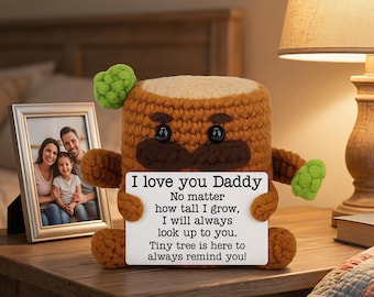 Crochet Tree Stump Plush Desk Decor, Emotional Support Plush with Positive Card, ,Cute Amigurumi Figure, Father’s Day Gift