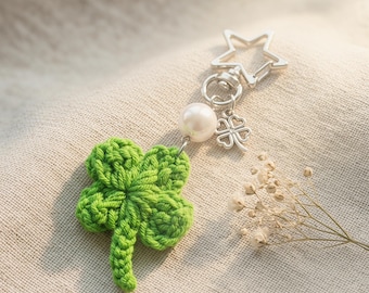 Lucky Four Leaf Clover Keychain, Handmade Crochet Good Luck Charm, Green Bag Charm, Graduation Gift, Cute Key Ring