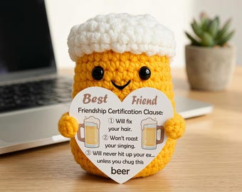 Emotional Support Beer Crochet Plush, Funny Amigurumi Beer Mug Doll with Pun Card, Desk Decor Stress Squeeze, Gift for Dad Boyfriend