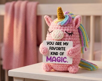 Handmade Crochet Unicorn Plush with Quote Card, Rainbow Mane Macaron Colors, Emotional Support Desk Buddy, Cute Stress Relief Gift