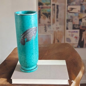 Art Deco Aqua Ceramic And Silver Fish Vase By Gustavberg Wilhelm Kage Argenta Series