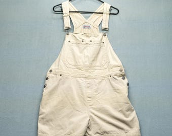 Salopette corta vintage da donna Bill Blass, taglia L, in denim beige, prodotta negli Stati Uniti.