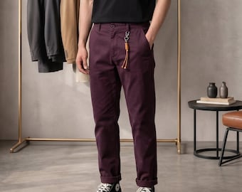 Men's Spring Fall Cotton Pant, Relaxed Fit Autumn Winter Trouser, Cropped Rolled Cuff Casual Trousers, Mid Rise Casual Everyday Pants