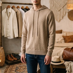 Könnte beinhalten: Beigefarbener Kapuzenpullover mit Kordelzug, kombiniert mit blauen Jeans. Ein Holzgestell zeigt mehrere Hemden. Eine Korblampe, eine Ledertasche und ein Fedora-Hut sind ebenfalls zu sehen, was auf ein lässiges Lifestyle-Thema hindeutet.