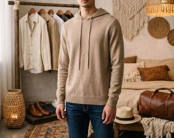 Pull à capuche homme 100 % laine mérinos | Pull tricoté | Sweat à capuche manches longues | Automne-Hiver | Coupe décontractée | Idée cadeau pull chaud pour homme