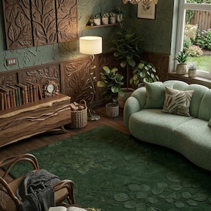 Green Botanical Rug, Leaf Pattern Area Rug, Nature Inspired Wool Rug, Forest Green Living Room Rug, Textured Hand Tufted Carpet