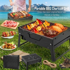 May include: A black portable BBQ charcoal grill with food cooking on the grill. The image includes a variety of grilled foods, including vegetables, meat, and chicken. The text on the image says "Portable BBQ Charcoal Grill" and "Enjoy the most original flavor with friends or families."