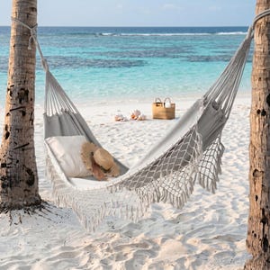 Boho Double Hammock, Light Gray Canvas Swing Bed, Macrame Fringe Hanging Chair