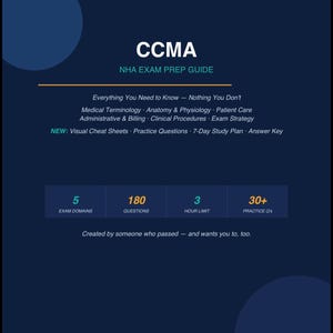 May include: A dark blue CCMA exam prep guide with white text. The guide includes information on medical terminology, anatomy, and physiology. It features 5 exam domains, 180 questions, and a 3-hour time limit. The guide also includes practice questions.