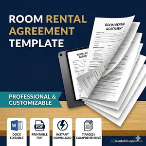 May include: A digital room rental agreement template with the text "ROOM RENTAL AGREEMENT TEMPLATE". The image shows a tablet and a stack of paper documents. The text "PROFESSIONAL & CUSTOMIZABLE" is also visible. Icons indicate DOCX editable, printable PDF, instant download, and 7 pages.