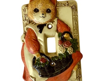 Vintage Ceramic Cat Light Switch Cover Basket of Flowers Cottagecore