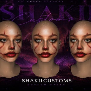 May include: Three identical bald mannequin heads featuring a realistic face with clown-inspired makeup, including red nose and lip details with red lines extending from the eyes to the mouth. The text SHAKIICUSTOMS CUSTOM FACES is visible below.