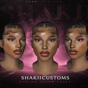 Può includere: Tre volti renderizzati in 3D con trucco dettagliato, tra cui labbra piene e lineamenti contornati, sono visualizzati su uno sfondo scuro con accenti rosa. Il testo "SHAKII CUSTOMS" e "CUSTOM FIVEM FACES" è visibile. Il tema generale è l'arte digitale.