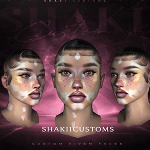 以下が含まれることがあります： 詳細なメイクと肌のマーキングが施された3つの様式化された女性の顔が、濃いピンク色の背景に表示されています。「SHAKII CUSTOMS」と「CUSTOM FIVEM FACES」の文字が表示されています。