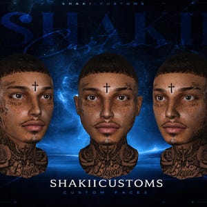 May include: Three digital portraits of a person with tattoos, a cross on the forehead, and neck tattoos. The portraits are set against a dark blue background with the text "SHAKII CUSTOMS" and "CUSTOM FACES".