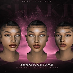 以下が含まれることがあります： 詳細なメイクとヘアスタイルを備えた女性の顔の3つのデジタルレンダリング。画像には、ピンクと黒の背景に「SHAKII CUSTOMS」と「CUSTOM FIVEM FACES」というテキストが表示されています。